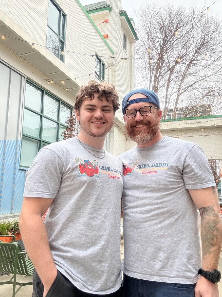 Donny Bryan and Caleb Busboom, founders of Crawl Daddy, wearing Crawl Daddy branded shirts